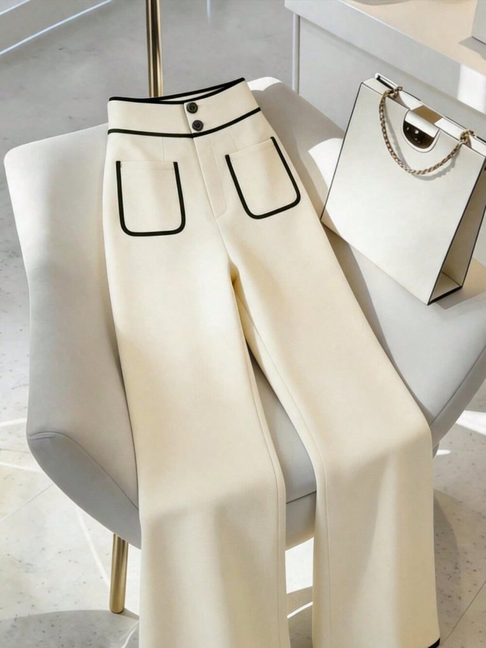 Apricot Casual Women's Wide-Leg Pants, Button Waist, Front Pockets - Picture 4 of 4